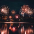 AI-generated illustration of a vibrant display of fireworks bursting in the night sky Royalty Free Stock Photo