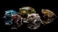 AI generated illustration of a vibrant display of frogs on a black background