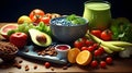 AI generated illustration of a vibrant and diverse selection of fresh fruits, vegetables and juices