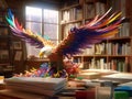 AI generated illustration of A vibrant eagle sculpture stands atop a desk.