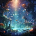 an underwater city with fish swimming by