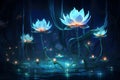 AI generated illustration of vibrant flowers illuminated by the soft glow of fireflies
