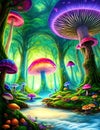 AI generated illustration of a vibrant forest scene featuring a lush abundance of mushrooms