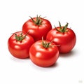 four tomatoes sitting next to each other on a white surface