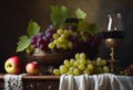 AI generated illustration of vibrant fruits and a glass of red wine on a wooden table Royalty Free Stock Photo