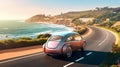 AI generated illustration of vibrant futuristic car driving alongside a scenic coastal road