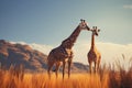 AI generated illustration of a vibrant, geometric giraffes statue in its natural environment