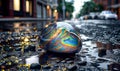a colorful, shiny rock in the middle of a wet road