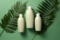 AI generated illustration of a vibrant green background with green leaves and three cream bottles