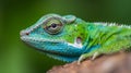 AI generated illustration of a vibrant green Chameleon (Chamaeleonidae) perched on a tree trunk