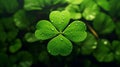 AI generated illustration of a vibrant green four-leaf clover plant with the morning dew drops