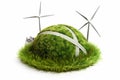 AI generated illustration of a vibrant green hill with modern windmills on a white background Royalty Free Stock Photo