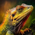 AI generated illustration of a vibrant, green iguana with curved legs and detailed, patterned scales