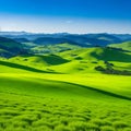 AI generated illustration of a vibrant green landscape with rolling hills and trees in a meadow Royalty Free Stock Photo