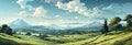 AI generated illustration of a vibrant, green landscape on a sunny day, with distant mountains Royalty Free Stock Photo