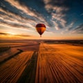 AI generated illustration of a vibrant hot air balloon floating over a vast golden field of wheat Royalty Free Stock Photo