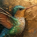 a brightly colored humming bird in flight over gold paint with leaves