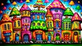 AI generated illustration of a vibrant illustration of a cityscape with brightly colored dwellings