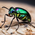 a colorful insect on a pile of gravel on a floor