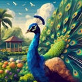 AI generated illustration of a vibrant low poly peacock standing proud amongst a lush green garden Royalty Free Stock Photo