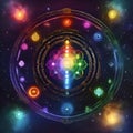 AI-generated illustration of a vibrant mandala with chakra symbols