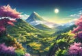 AI generated illustration of vibrant mountain landscape with blooming flowers in the foreground