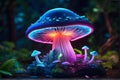 AI generated illustration of a vibrant mushroom sits in the center of a wooded area