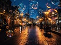 AI generated illustration of a vibrant nightscape with soap bubbles floating above a city street