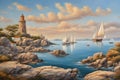 AI generated illustration of a vibrant oil painting of a beautiful lighthouse standing talll