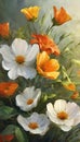 AI generated illustration of a vibrant oil painting of flowers on a grassy green background