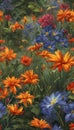 AI generated illustration of a vibrant oil painting of flowers on a grassy green background