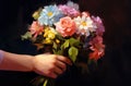 AI generated illustration of a vibrant oil painting of a person holding a bouquet of flowers