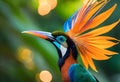 AI generated illustration of a vibrant orange and blue feathered bird in a jungle