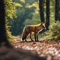 AI generated illustration of a vibrant orange fox walking through a lush forest in the rain
