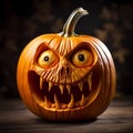 AI generated illustration of a vibrant orange pumpkin with intricate carving of teeth and fangs