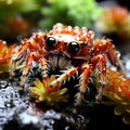 AI generated illustration of a vibrant orange spider covered in glistening water droplets