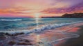 AI generated illustration of a vibrant painting of a beach scene with a stunning sunset