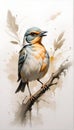 the painting is of a bird perched on a branch with leaves and plants in the