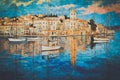 AI generated illustration of a vibrant painting depicting a Mediterranean coast at sunset