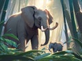 AI generated illustration of a vibrant painting of elephants in the jungle