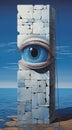 AI generated illustration of vibrant painting of an eye peering out from a wall against an ocean