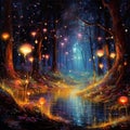 AI generated illustration of a vibrant painting of glowing mushrooms in a lush forest