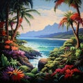 AI generated illustration of a vibrant painting of a lush tropical landscape