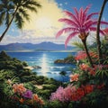 AI generated illustration of a vibrant painting of a lush tropical landscape