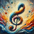 AI generated illustration of a vibrant painting of a music note with swirling colors