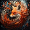 AI generated illustration of a vibrant painting of an orange fox with swirling and undulating lines
