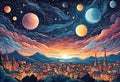 AI generated illustration of a vibrant painting of planets and a starry night sky above a town