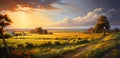 AI generated illustration of a vibrant painting of a rural farmstead Royalty Free Stock Photo