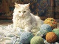 AI generated illustration of a vibrant painting of a tabby cat with bright balls