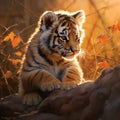 AI generated illustration of a vibrant painting of a tiger cub atop a large rock